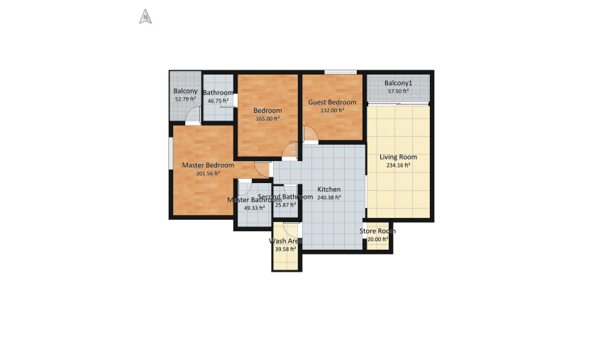 3 BHK flat floor plan 133.65