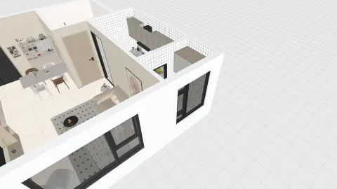 3D interior design layout showcasing an open kitchen and living area with modern furnishings, optimized for small space functionality using Homestyler's real-time 3D rendering feature.