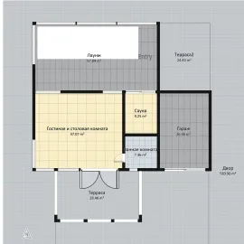 2D floor plan showing layout for a residential space with labeled areas including living room, dining area, and terrace, showcasing interior design planning and automated generation feature of Homestyler.