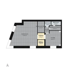 architectural floor plan showing layout of an auditorium, gallery, bathrooms, and lounge in a modern interior design style, utilizing Homestyler's automated floor plan generation feature.