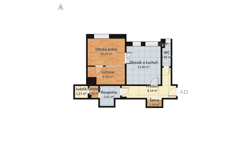 byt 1+1 45m2 bez příčky floor plan 54.89