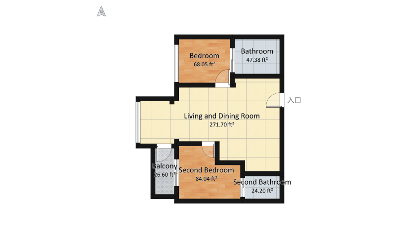 Minimalist Style, 2 Bedroom Apartment floor plan 57.16