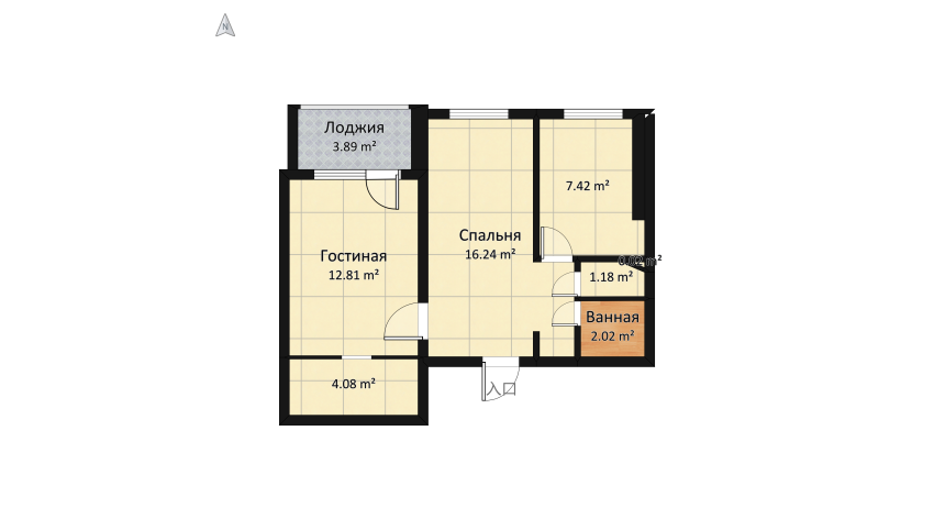 2 -х комнатная квартира Аврора floor plan 47.68